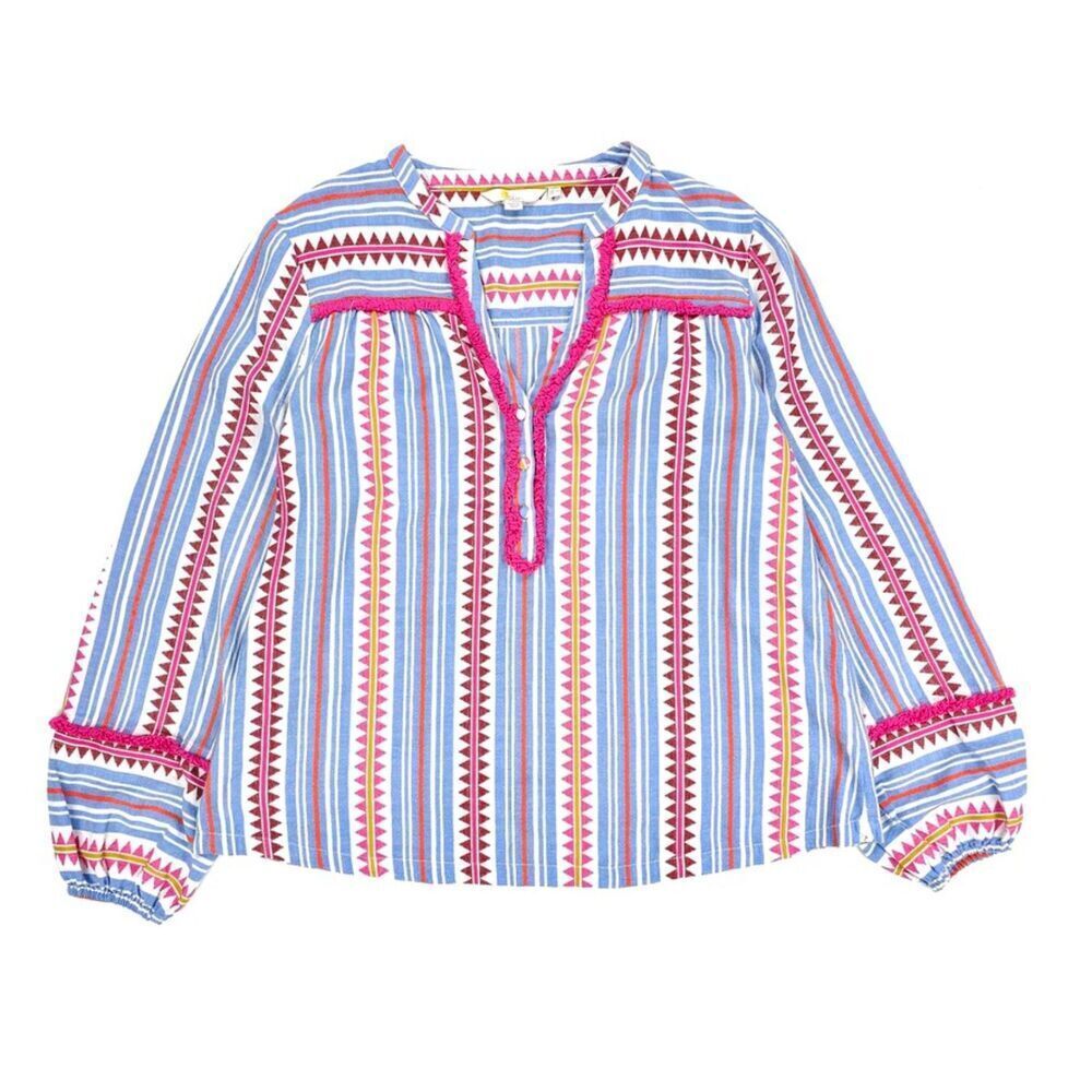 NEW Boden Boho Popover Balloon Sleeve Blouse Fringe Dot Coastal Beachy Boho